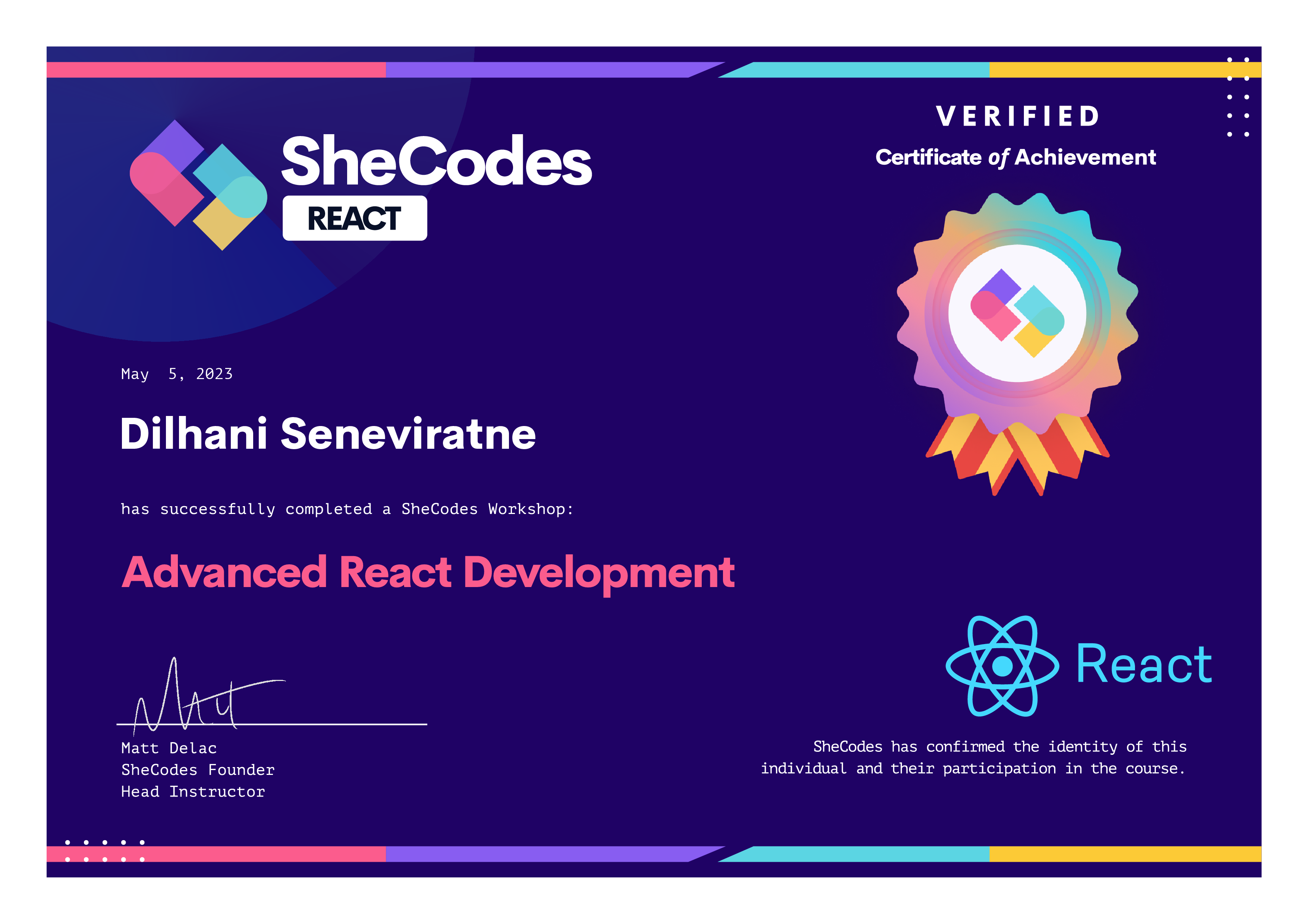 SheCodes React Add-on Certificate